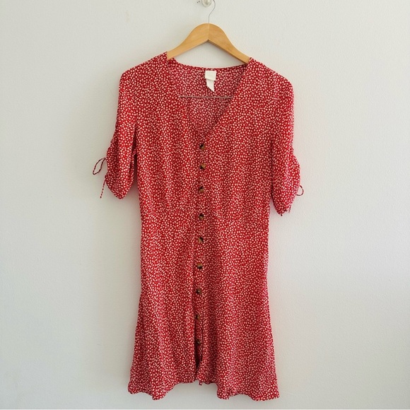 H&M Red Floral Dress Tie Sleeves Sz 2 - Picture 3 of 7